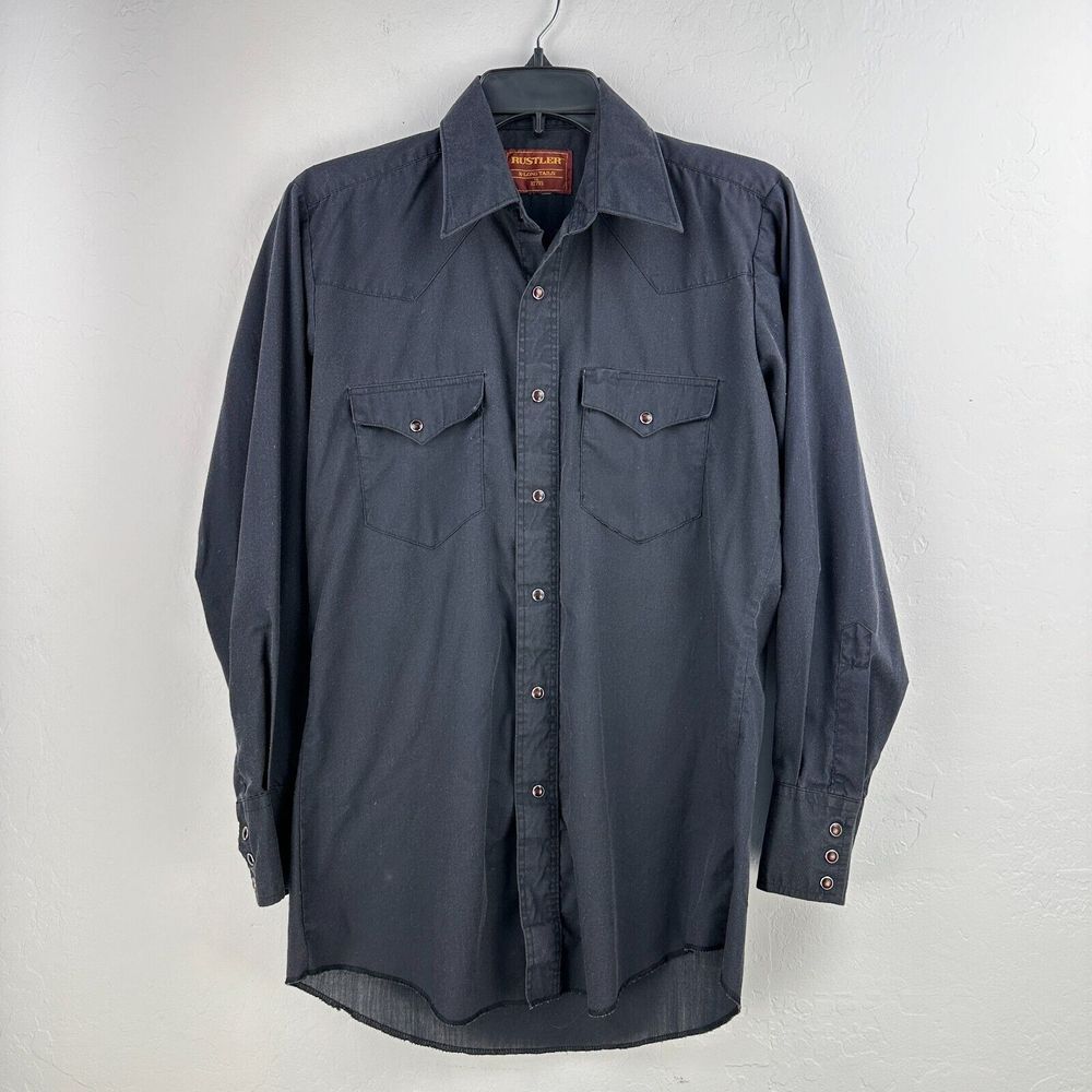Vtg Rustler Xlong Tails Shirt Mens‎ 32/33 Black Pearl Snap Long Sleeve High Low